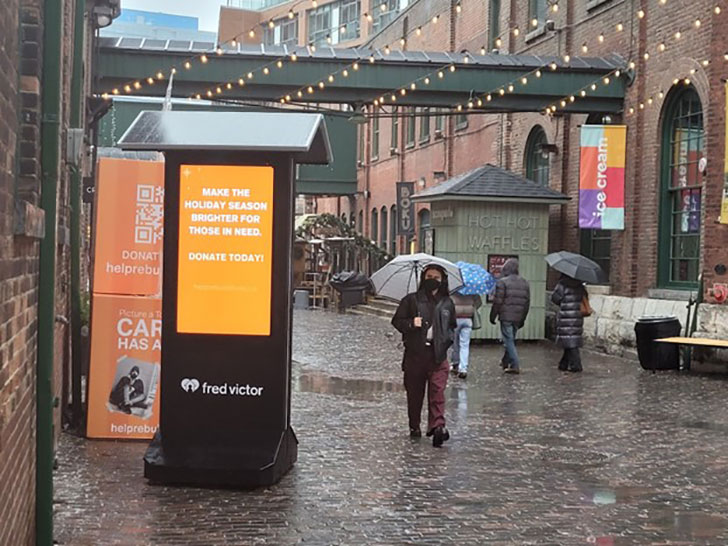 Solar powered interactive donation kiosk and QR codes for Fred Victor campaign
